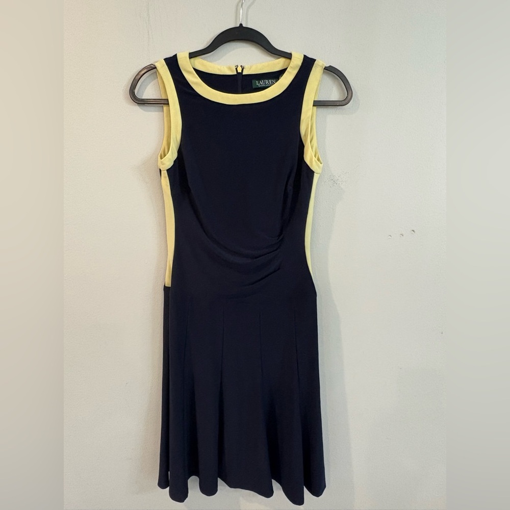 Lauren Ralph Lauren Navy Fit & Flare Dress Size 4 Yellow Trim Sleeveless Preppy - Picture 2 of 8